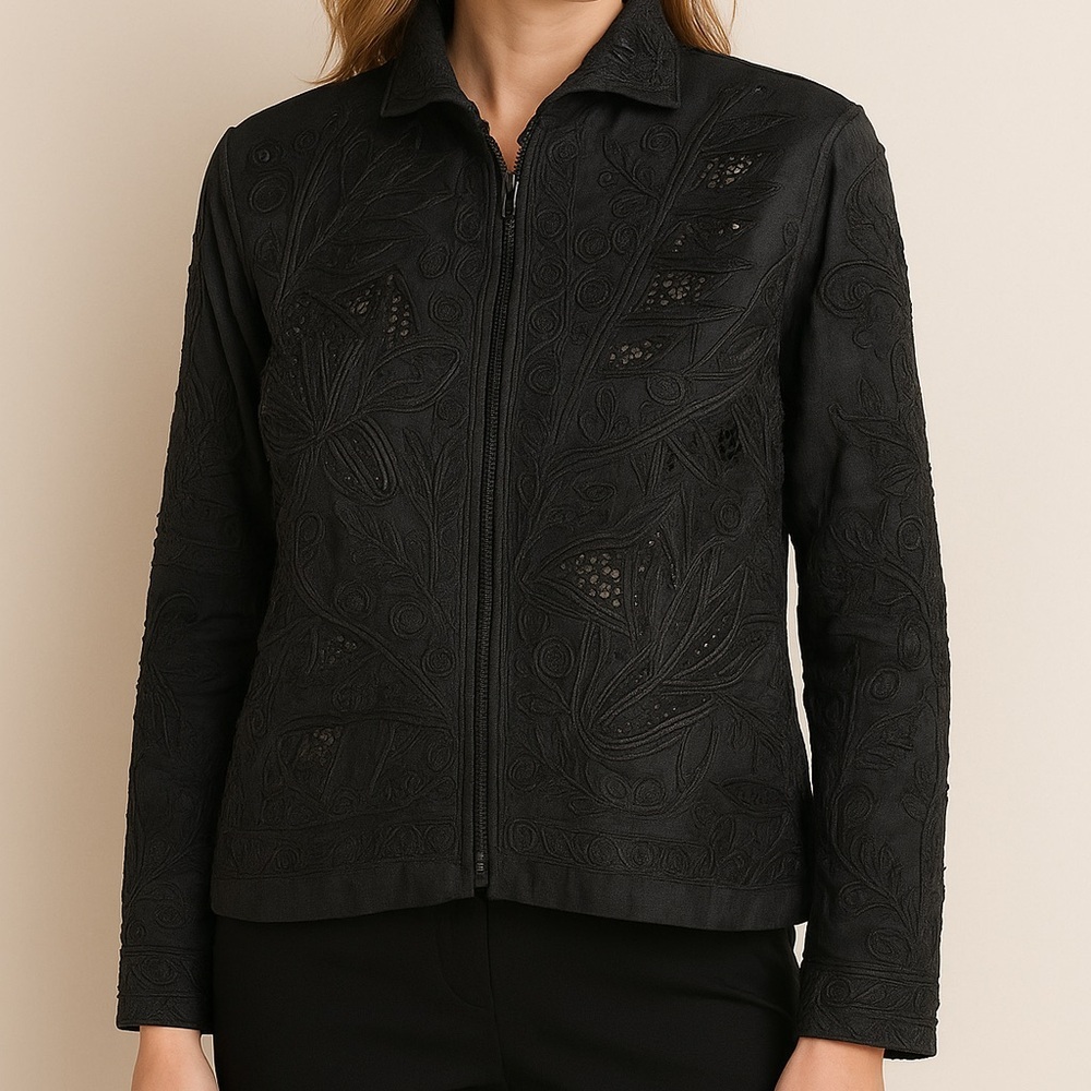 Sandy Starkman 100% Silk Beaded Embroidered Jacket Top – Black Size Large